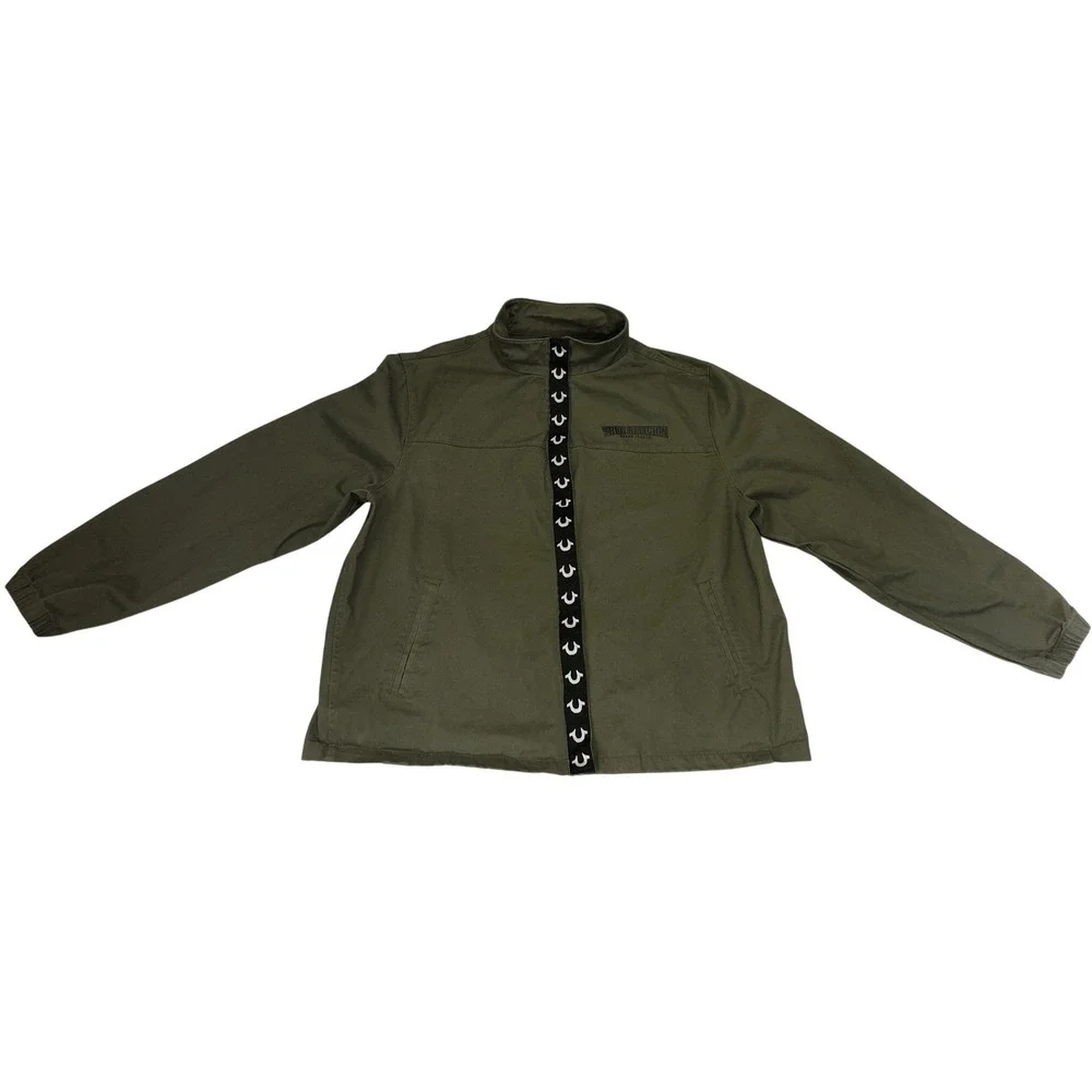 True Religion Mens Military Green HS Twill Jacket Buddha Graphic Full Zip‎ Large